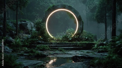 Mystical forest portal with glowing circle, shrouded in ethereal atmosphere