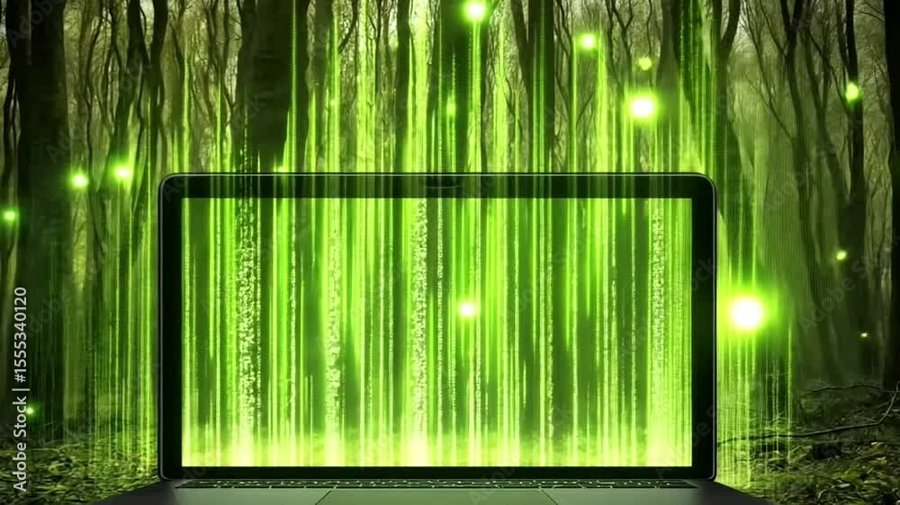 Green Light Particles on Laptop Screen in Forest