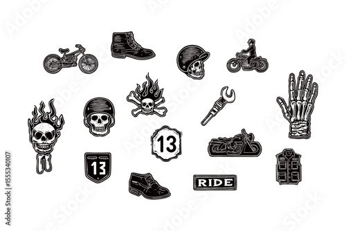 Biker patch and motorcycle culture icon set featuring skulls, flames, helmets, tools, bikes, and leather vest in bold black hand-drawn style. Ideal for tattoos, club graphics, and outlaw branding