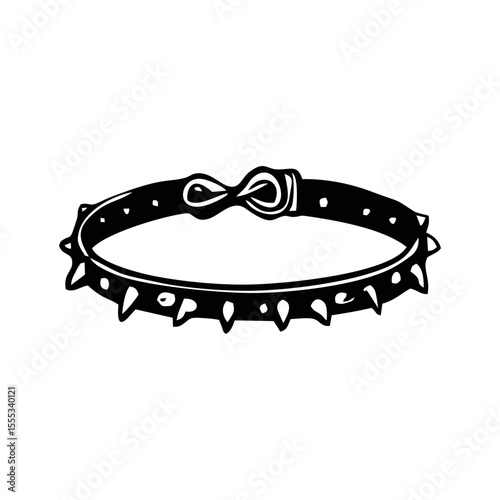 Black gothic dog collar with spikes in alternative punk doodle style, transparent SVG design for fashion subculture illustrations, pet accessory branding or Halloween decor