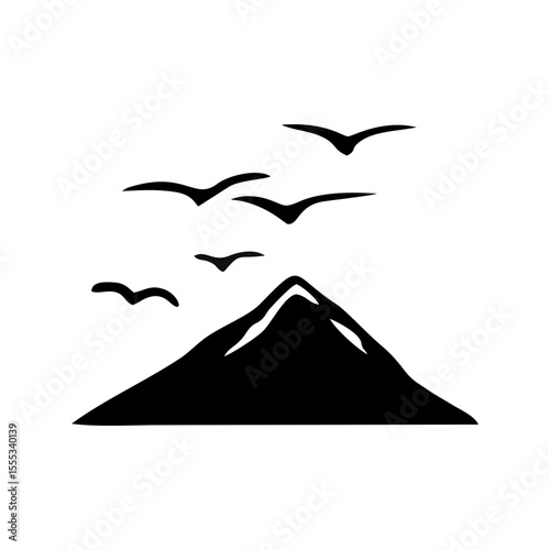 Simple landscape line art with flying birds and mountain peak in bold black doodle style, ideal for adventure icons, outdoor blog headers, wanderlust themes, and travel illustrations