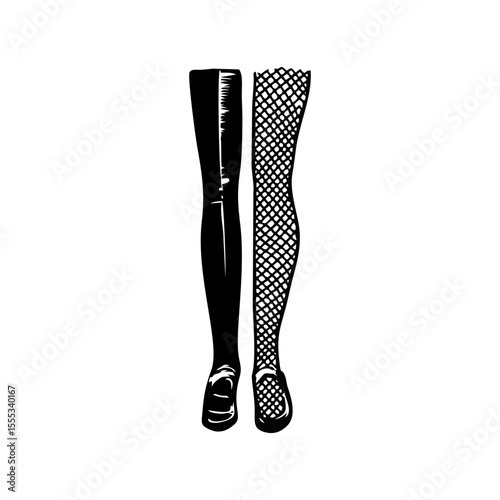 Gothic fishnet and solid tights in black ink style, edgy punk fashion sketch for alternative subculture clothing design, Halloween costume elements, and expressive youth apparel branding visuals