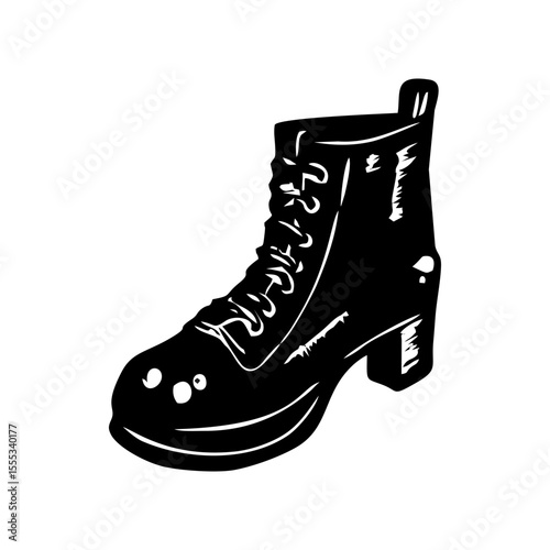 Gothic combat boot vector in grunge doodle style, heavy black ink for punk fashion, rebellious youth culture themes, alternative design content, music posters and underground street style branding