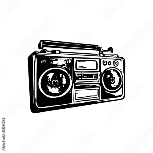 Vintage boombox radio vector in hand drawn doodle style, black retro stereo icon for hip-hop culture design, nostalgic print, streetwear, playlist branding and music festival illustration