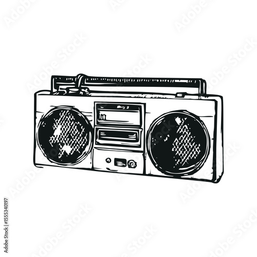 Retro cassette player icon in expressive bold line style, old-school hand drawn black and white stereo system sketch perfect for vintage audio designs, urban fashion, or music branding assets