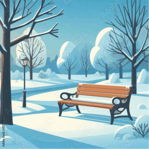 Snow-covered bench in a quiet park with winter trees