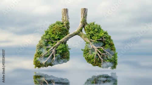 Lungs Made of Tree Branches with Green Foliage Surrounded by Mist