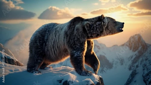 A grizzly bear roaring on a snowy mountain peak at sunset with mountains in the background video