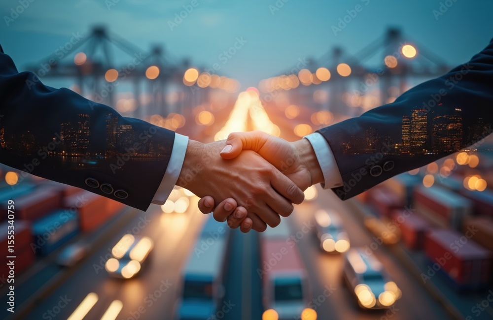 Handshake business partners, logistic transportation hub twilight. International shipping, cargo, import export concept. Collaboration, teamwork, agreements, success, cooperation. Trade, commerce, Handshake business partners, logistic transportation hub twilight. International shipping, cargo, import export concept. Collaboration, teamwork, agreements, success, cooperation. Trade, commerce,