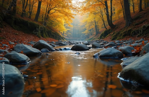 Scenic autumn landscape with stream flowing. Rocks, trees with yellow leaves. Forest, river nature scenic beauty in fall season. Picturesque view, water reflection, beautiful outdoor scene.