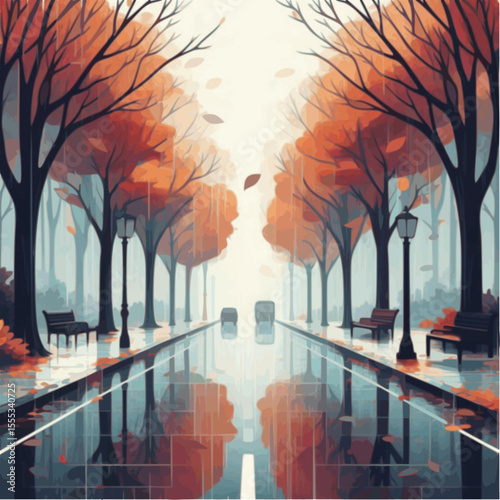 Rainy autumn street with reflections, leaves and mist
