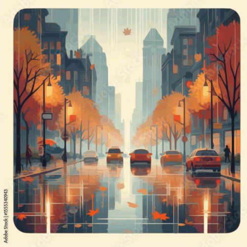 Rainy autumn street with reflections, leaves and mist