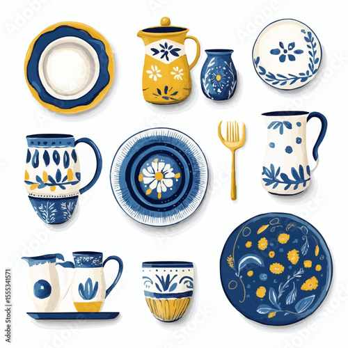 flat naive top-down illustration of colorful Mediterranean kitchen tableware: ceramic plates, mugs, bowls and jugs with blue and yellow decorative motifs, white background