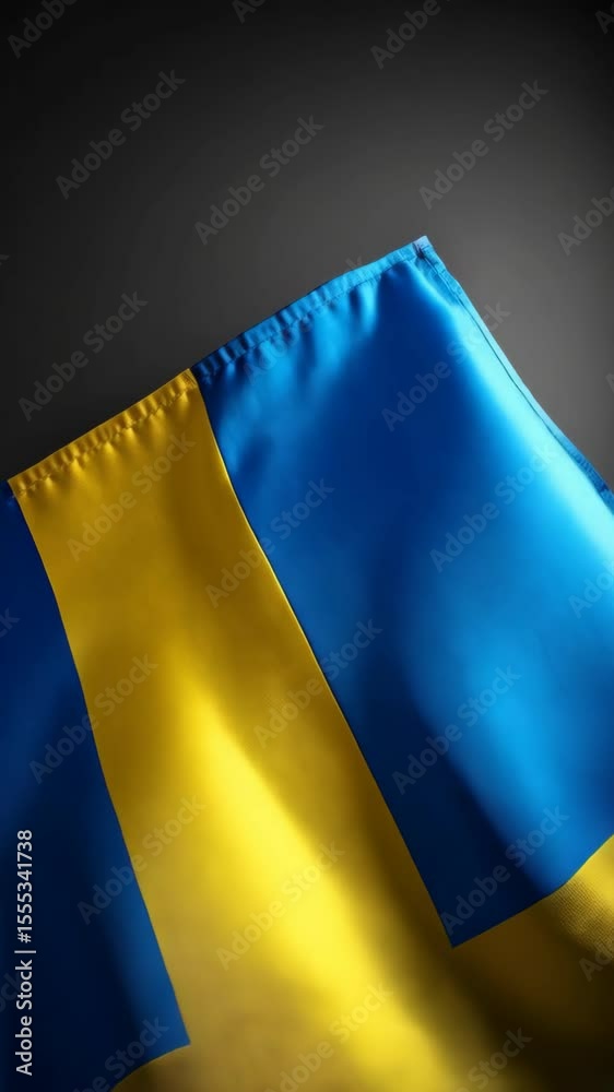 Waving flag with a Nordic cross pattern on gray background, blue and yellow national emblem cloth design concept