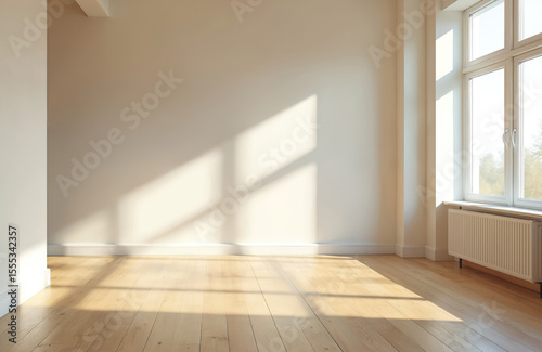 Bright empty room with natural light. Wooden floor, large windows, white walls, shadow patterns. Modern interior design, minimalist style, home decor, space for copy or product placement.