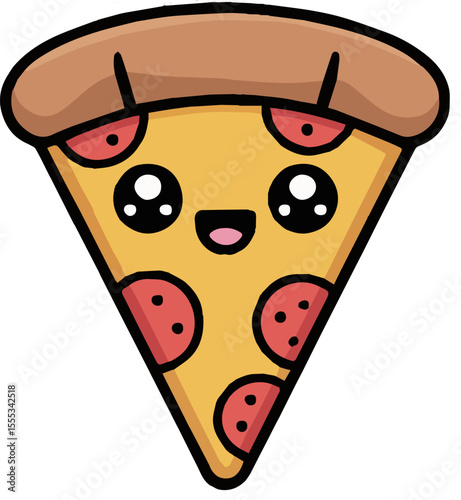 Illustration of a cute pizza slice with pepperoni and a smiling face on a light beige background