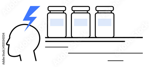 Human head silhouette with a lightning bolt symbolizing headache, next to three medicine jars on a shelf. Ideal for health, medicine, pain relief, pharmaceutical care, headache solutions, wellness