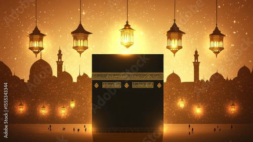 Illuminated Kaaba with Lanterns Against a Sparkling Night Sky
