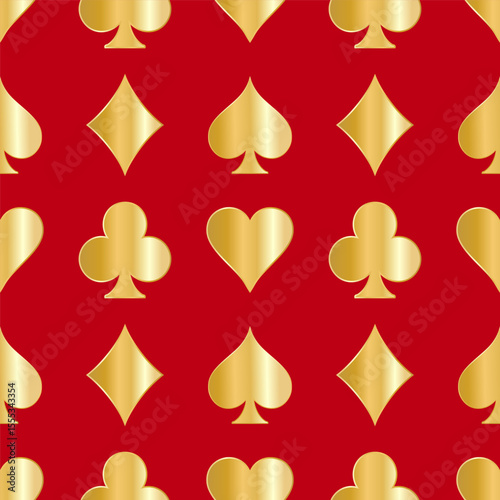 Seamless pattern of playing card symbols. Golden spades; clubs; hearts; diamonds on a red background. Vector illustration