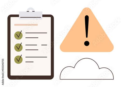 Checklist with green checkmarks, triangular warning sign, and cloud outline. Ideal for productivity, tasks, alerts, planning, risk management cloud storage accountability. Simple flat metaphor