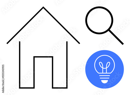 Line art house with magnifying glass and blue bulb suggesting ideas, research, and discovery. Ideal for real estate, innovation, exploration, home improvement, design, strategy simple landing page