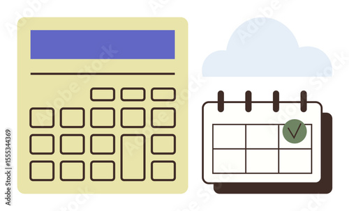 Calculator with grid and calendar marked with a check under a cloud. Ideal for finance, scheduling, organization, task planning, deadline tracking, productivity, simple flat metaphor