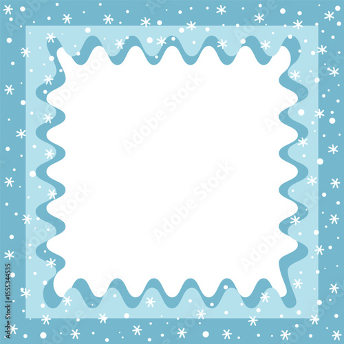 Christmas Square Frame. Winter Border. Snowflakes, Waves in Modern Style. Trendy Design. Free Space for Your Text.Holiday Greeting Card, Banner, Invitation Template. Vector Illustration in Blue, White