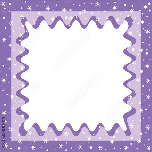 Christmas Square Frame. Winter Border. Snowflakes, Waves in Modern Style. Free Space for Your Text. Holiday Greeting Card, Banner, Invitation Template. Vector Illustration in Purple, White