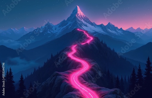 Illustration shows neon lights on mountain with winding futuristic path. Cyberpunk, synthwave landscape. Blue, pink colors dominate design. Perfect for backgrounds, travel concepts, adventure,