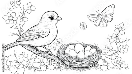 Cheerful Bird Sitting on Branch by Nest - Peaceful Nature Illustration