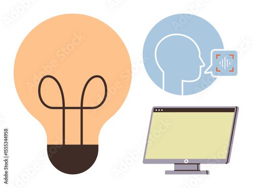 Light bulb links to a head silhouette with voice recognition icon and a computer screen. Ideal for innovation, technology, creativity, AI, brainstorming, smart technology, data communication. Simple