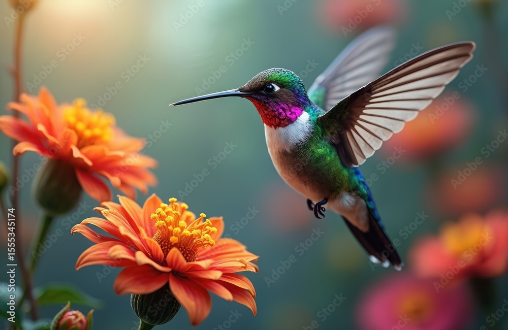 Fototapeta premium Hummingbird hovering near orange flowers. Bird with colorful feathers wings in flight near blossom plant. Generative AI art illustration of nature, wildlife. Tropical fauna.