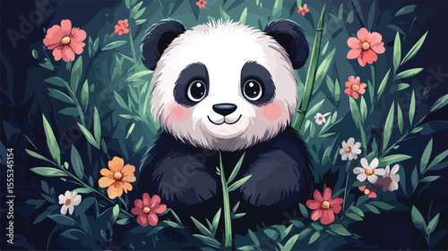 Cheerful Panda Munching on Bamboo: Captivating Wildlife Illustration EPS