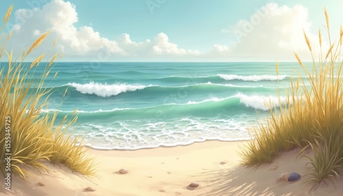 Gentle ocean waves with soft white foam caress sandy shore. Golden beach grass under bright sky fluffy clouds create serene coastal scene. Illustration of summer vacation, travel, recreation.