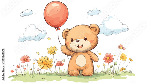 Cute Teddy Bear Holding Balloon in Joyful Celebration