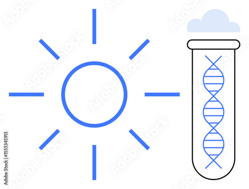 Radiating sun beside a test tube containing DNA strand, representing renewable energy, environmental science, and genetic research. Ideal for genetics, innovation, nature, lab work, ecology