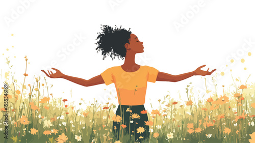 Woman Embracing Freedom in Meadow with Flowing Hair EPS