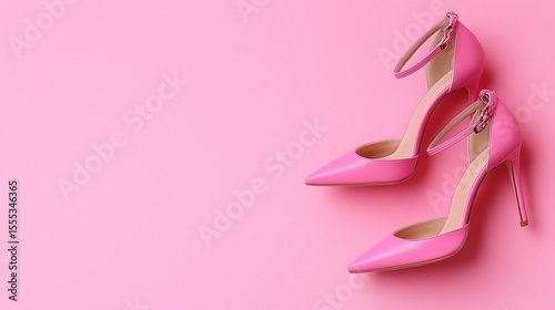 Close-up of elegant high heels from a top view, isolated on a soft pink backdrop with copy space for fashion mockups.

