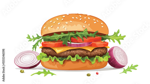 Delicious Fast Food Float: Appetizing Hamburger with Cheese, Lettuce, and Tomato