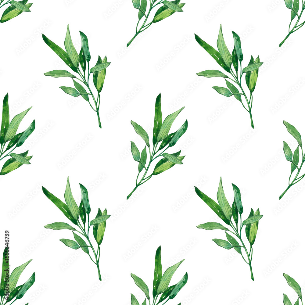 Fototapeta premium A seamless pattern of green leaves on a white background. The leaves are various shades of green, showcasing a natural and fresh design.