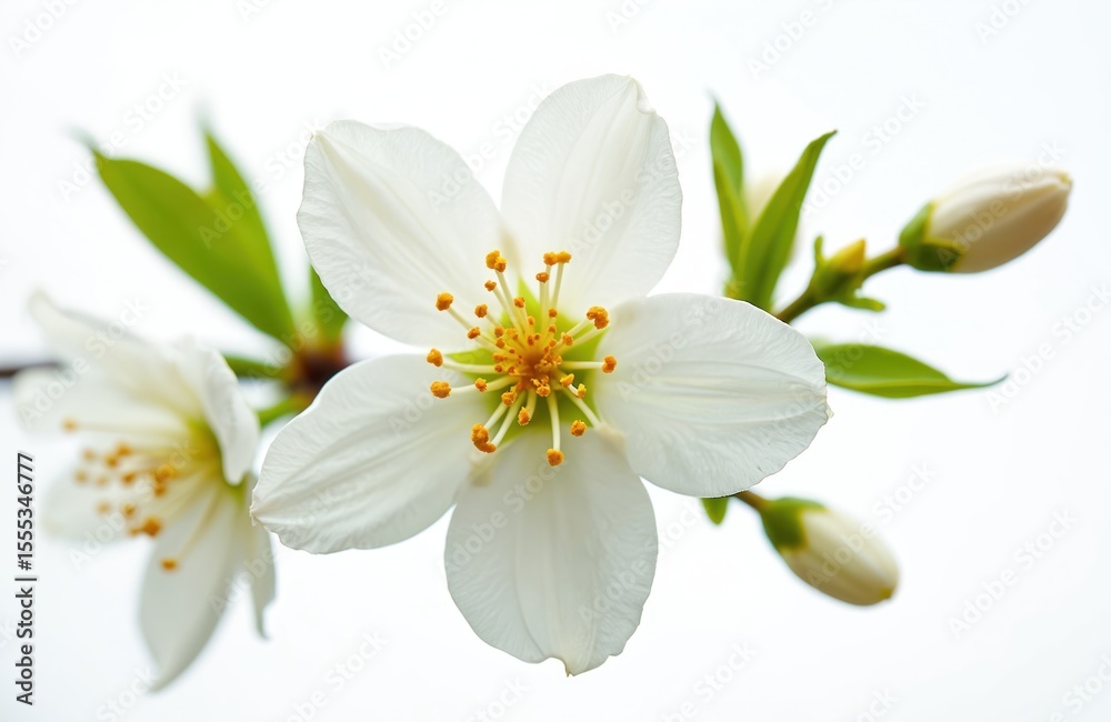 Obraz premium Close-up photo citrus tree blossom on white background. White orange flower with yellow stamens, buds and green leaves. Springtime floral macro. Nature blooming concept.