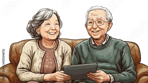 Happy Elderly Couple Smiling in Living Room Sofa