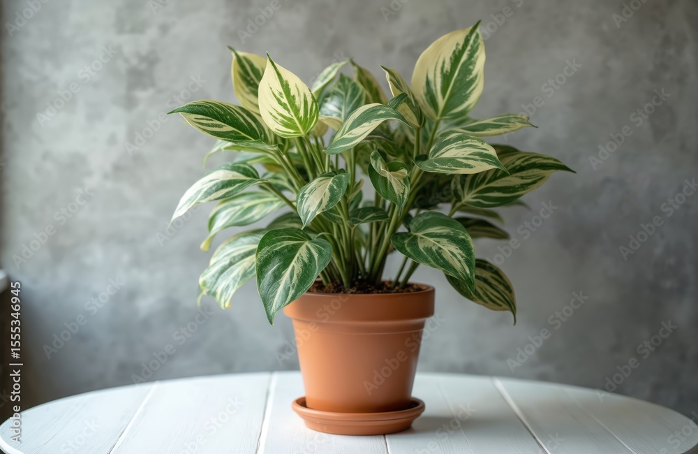 Obraz premium Ficus Benjamin houseplant in a terracotta pot on white wooden table. Variegated green leaves, home decor, botany and indoor gardening. Natural beauty, fresh foliage, home interior design.