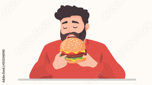 Binge Eating Concept: Sad Guy Eats Lots of Fast Food Vector Illustration