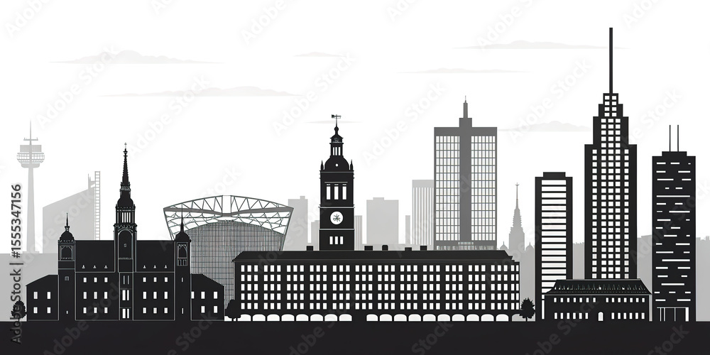 Obraz premium Black and White Line Art Skyline of European Cities - Travel Landmark Illustration