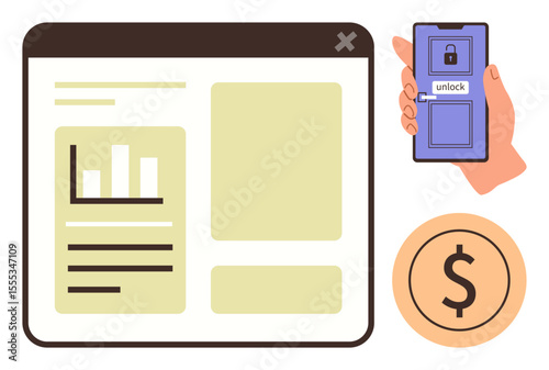 Hand unlocking phone to grant access to financial data webpage featuring charts and dollar sign. Ideal for fintech, security, finance, payment systems, mobile apps, analytics, digital economy. A