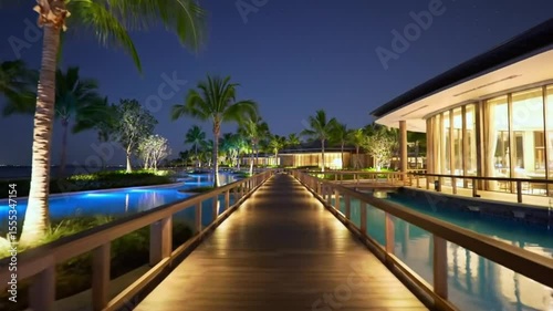 Illuminated wooden pathway at night leading to a building with palm trees and blue water features