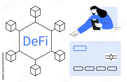 Network structure with hexagonal blockchain nodes, user holding clipboard, digital payment card. Ideal for blockchain, fintech, finance, cryptocurrency, transactions, banking simple landing