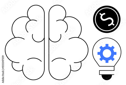 Abstract brain graphic alongside dollar coin and lightbulb with gear conveys creativity, intellect, financial strategy, problem-solving, innovation, knowledge, and productivity. Ideal for simple flat