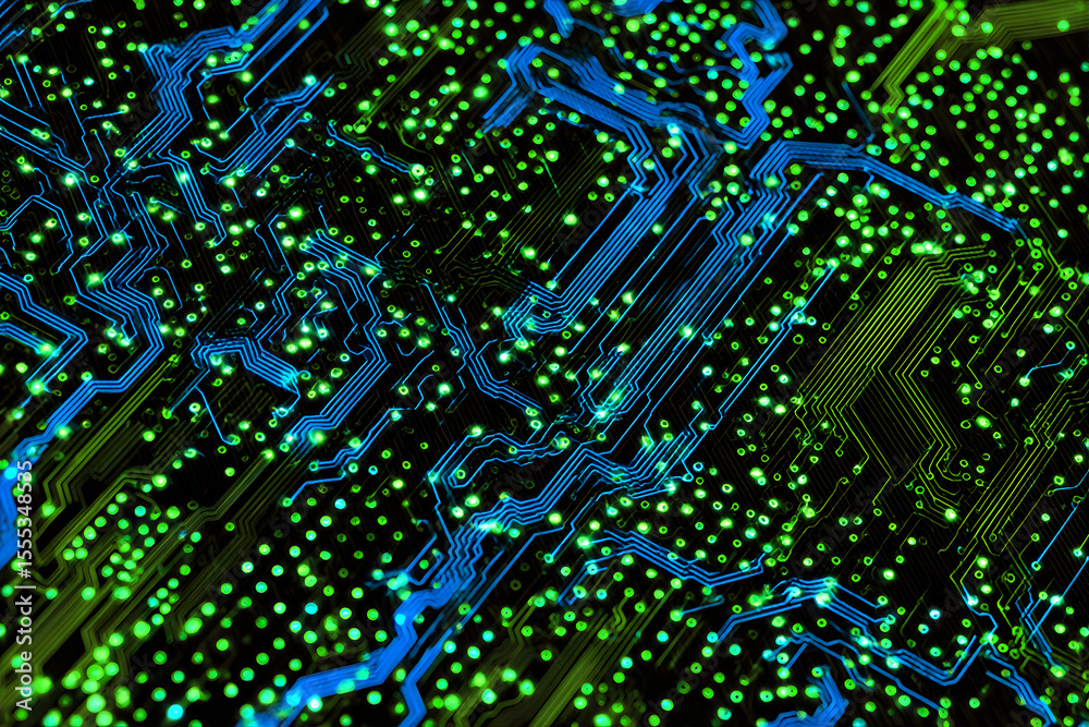 Obraz premium Microprocessor electronic circuit board. Modern computer processor technology with shining components. Digital data processing concept.